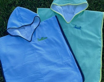Personalized Kids Hooded Seersucker Beach Towel: Embroidered Terry Lined Swim Coverup