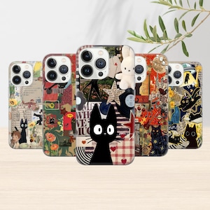 Coque de portable chat noire - Coque esthétique Japan Kitty Art pour iPhone 16 15 14 13 12 11 Pro max, Plus, X, Samsung Galaxy S24 S23 S22 S20 Ultra