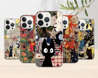 Black Cat Phone Case - Aesthetic Japan Kitty Art Cover for  iPhone 16 15 14 13 12 11 Pro max, Plus, X, Samsung Galaxy S24 S23 S22 S20 Ultra