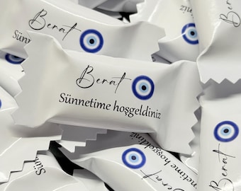 Dulces personalizados con nombre, decoración de mesa, decoración para esparcir, regalos de fiesta, primer cumpleaños, mevlüt Sünnet synetia Nazar Boncuk azul