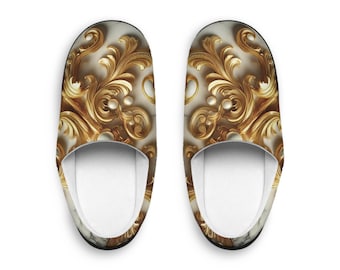 Men's Flannel Fleece Slippers: Elegant Gold Pattern, Cozy Indoor Footwear