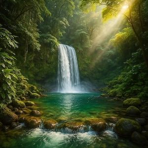 Puede incluir: Un paisaje escénico con una cascada que desemboca en una piscina turquesa. El exuberante follaje verde rodea el agua, con la luz del sol que atraviesa los árboles. Grandes rocas cubiertas de musgo bordean el primer plano.