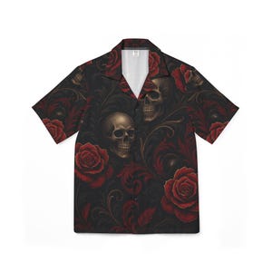 Men&#39;s Skull & Rose Hawaiian Camp Shirt, Vacation Attire, Summer Wear, Gothic Style, Bold Floral Camp Shirt, Beach Shirt, Statement Piece