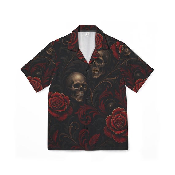 Men's Skull Rose Hawaiian Shirt: Gothic Floral Camp Shirt