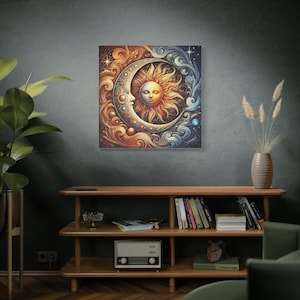 Himmlische Wandkunst – Kosmische Sonne und Mond Poster, mystische Boho-Dekor, Astrologie Kunstdruck, spirituelle Galaxie Illustration