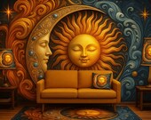 Sun and Moon Celestial Art: Boho Astrology Decor (Digital Download PNG File 2482x1463px )