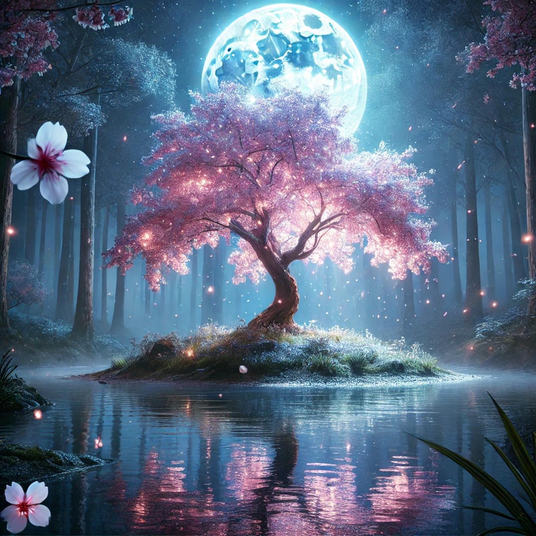Cherry Blossom Tree Digital Art: Full Moon Fantasy Landscape (3000px ...
