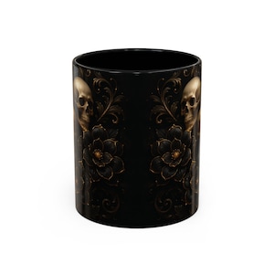 Gothic Floral Skull Coffee Mug, Spooky Gift for Halloween, Dark Academia Drinkware, Unique Skull Decor, Black Floral Cup
