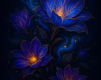Mystisk blå blommig väggkonst | Mörk fantasiblommatryck | Elegant digital nedladdning