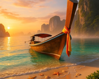 Impresión de playa con amanecer tropical / Arte costero de barco de cola larga (Descarga digital)