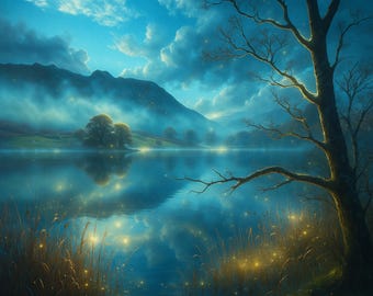 May include: A serene landscape painting depicts a tranquil lake reflecting a cloudy blue sky and distant mountains. A bare tree stands on the right, while illuminated grass and sparkling lights add a magical touch to the scene. The overall mood is peaceful and ethereal.