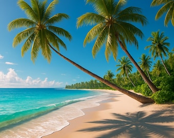Tropische Strand Kunst: Palmen Landschaft am Meer (PNG Digital Download 3000x3000px)