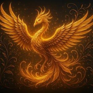 Golden Phoenix Digital Art – Super 3D Embossed Fantasy Bird Wall Print, Rebirth Symbol Download, Luxury Fire Animal Poster