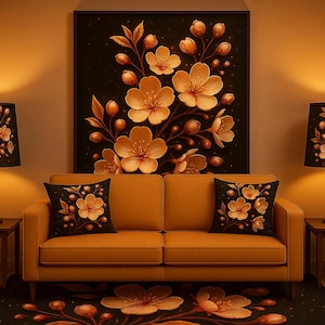 Golden Sakura Blossom Print – Embossed Cherry Flower Digital Art, Elegant Japanese Floral Wall Poster for Zen Home Decor