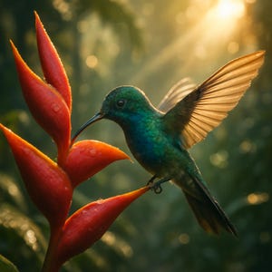 Puede incluir: Un colibrí con plumas verdes y azules iridiscentes posado en una flor roja brillante. Sus alas están extendidas, capturando la luz del sol, con un fondo verde suave y borroso.
