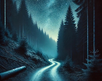 May include: A winding road illuminated by a soft glow, leading through a dark forest of tall evergreen trees. The night sky is filled with stars, creating a serene and mystical landscape.