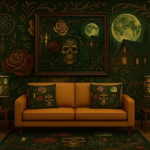 Gothic Skull Rose Digital Art - Baroque Floral Wall Printable - Moonlight Cabin Witchcore Poster 3001×2002px