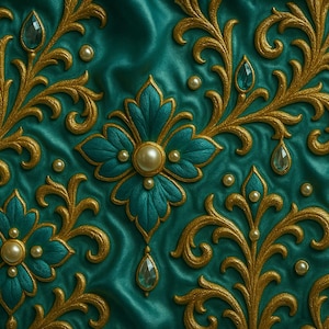 May include: Teal fabric with gold filigree and pearl accents. The design features ornate, swirling patterns and floral motifs. The fabric has a luxurious, textured appearance, with a satin-like sheen. The overall aesthetic is elegant and decorative.
