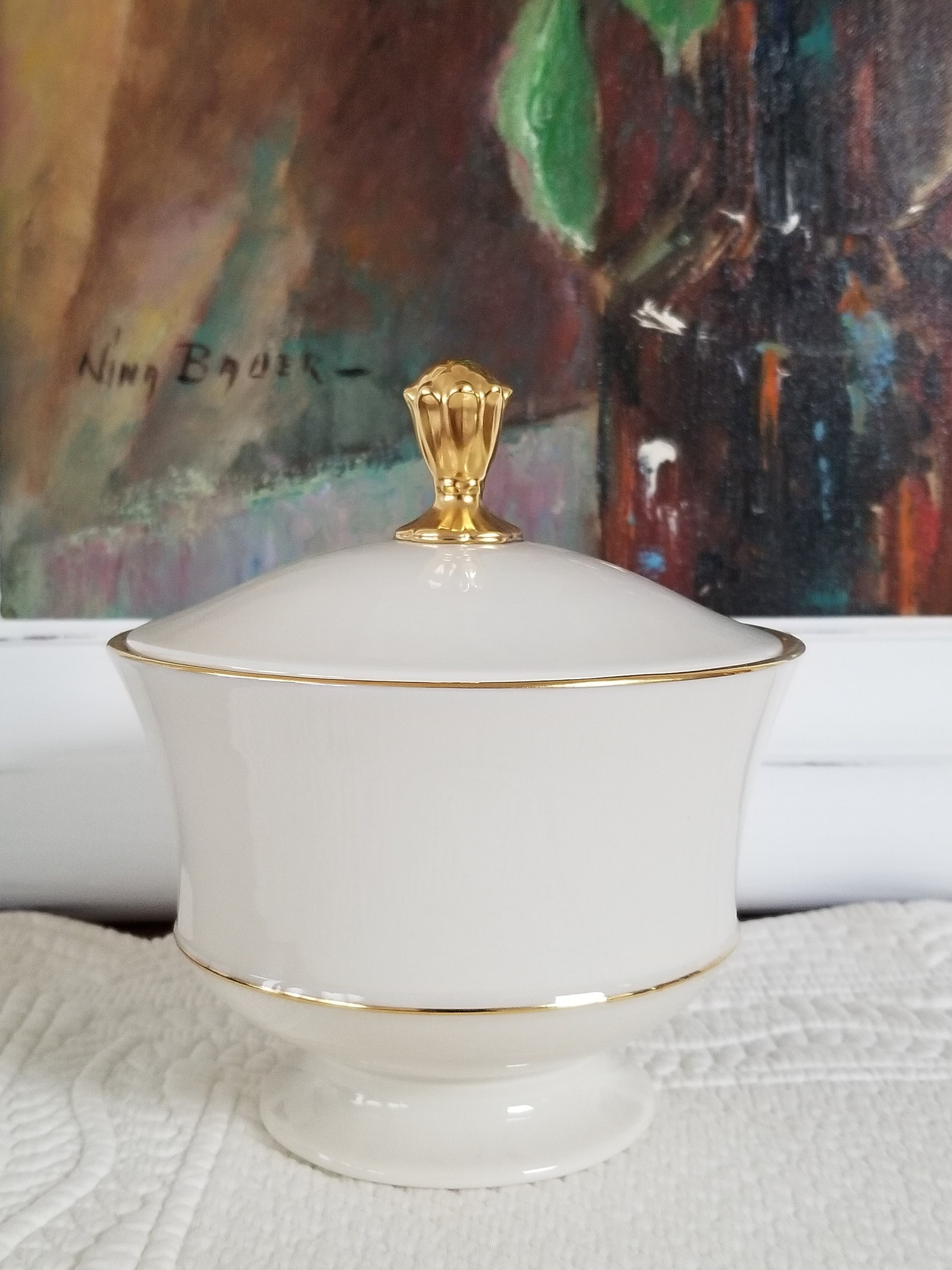 Vintage Lenox Candy Dish & Lid in Cream With 24k Gold Trim
