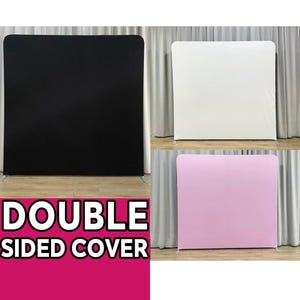 May include: Three backdrop panels for photography or video. The panels are black, white, and pink. The panels are double-sided, so you can use either side. The panels are made of a fabric material and are easy to set up and take down. "DOUBLE SIDED COVER" is written on the bottom of the image.