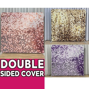 Pode incluir: Três capas de fundo de lantejoulas de dupla face em ouro rosa, dourado e roxo. Cada capa é feita de pequenas lantejoulas quadradas dispostas em um padrão gradiente. O texto "DOUBLE SIDED COVER" é exibido em um fundo rosa.