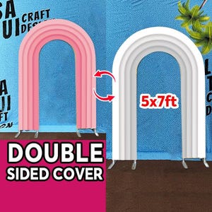Könnte beinhalten: Eine doppelseitige Abdeckung für einen 152x213cm großen Bogenhintergrund. Eine Seite ist rosa, die andere weiß. Der Text "DOUBLE SIDED COVER" wird unten angezeigt. Das Logo von Lisa Tsui Craft Design ist im Hintergrund sichtbar.