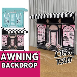 May include: A black and white striped awning backdrop with a boutique shop design. The backdrop features a pink and black facade with arched windows, floral arrangements, and the text "AWNING BACKDROP". The backdrop is designed by Lisa Tsui.