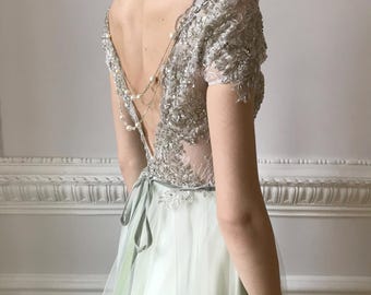 Green tulle wedding dress embroidered lace top