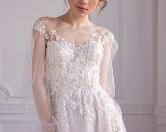 Embroidered wedding dress, floral wedding dress, tulle wedding dress, fantasy wedding dress, long sleeve — | GISELLE |