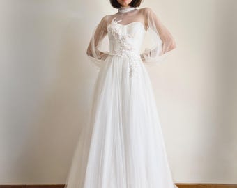 Modest Wedding Dress Bishop Sleeve High Neck Corset A Line Tulle Bridal Gown