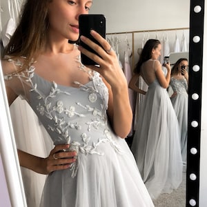 Blue wedding dress, Embroidered wedding dress, Fairy wedding dress, Fantasy wedding dress, Floral wedding dress, Grey wedding dress