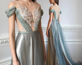 Embroidered wedding dress, green wedding dress, off shoulder wedding dress, fantasy wedding dress, open back — | FLORA GREEN |
