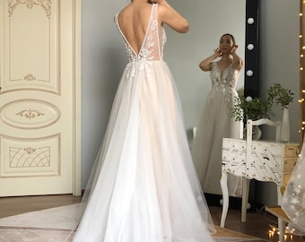 Blush Wedding Dress Floral Embroidered Bridal Gown Sheer Tulle Romantic Open Back
