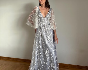 Star wedding dress, sparkle wedding dress, blue wedding dress, fantasy wedding dress, bell sleeve — | HANNA STARS |