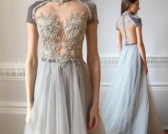 Grey tulle wedding dress, velvet cap sleeve, beaded illusion bodice, high neck ethereal bridal gown — | LILU |