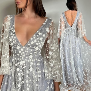 Celestial wedding dress, Sparkle wedding dress, Grey wedding dress, Blue wedding dress, Bell sleeve wedding dress, Star wedding dress