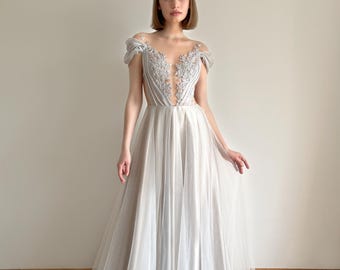 Embroidered wedding dress, floral wedding dress, off shoulder wedding dress, fantasy wedding dress, open back — | FLORA GREY |