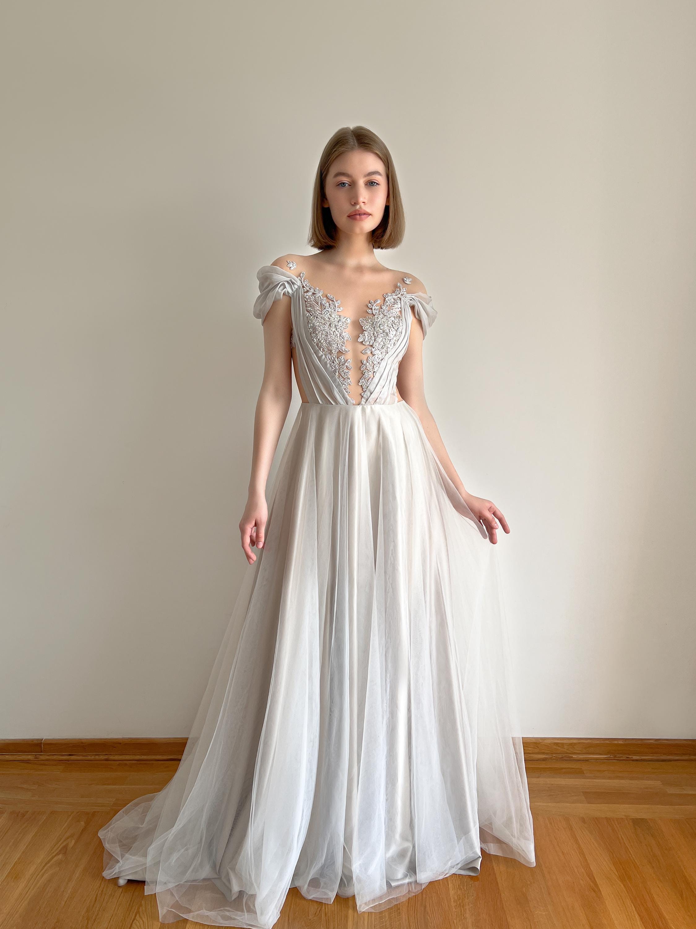 cute elegant dresses Luuvis A-Line Spaghetti Straps Long Tulle Prom Party Dress With De Little Black Dress: Size:58 Long or 58 Regular Jacket st-white-party-dresses