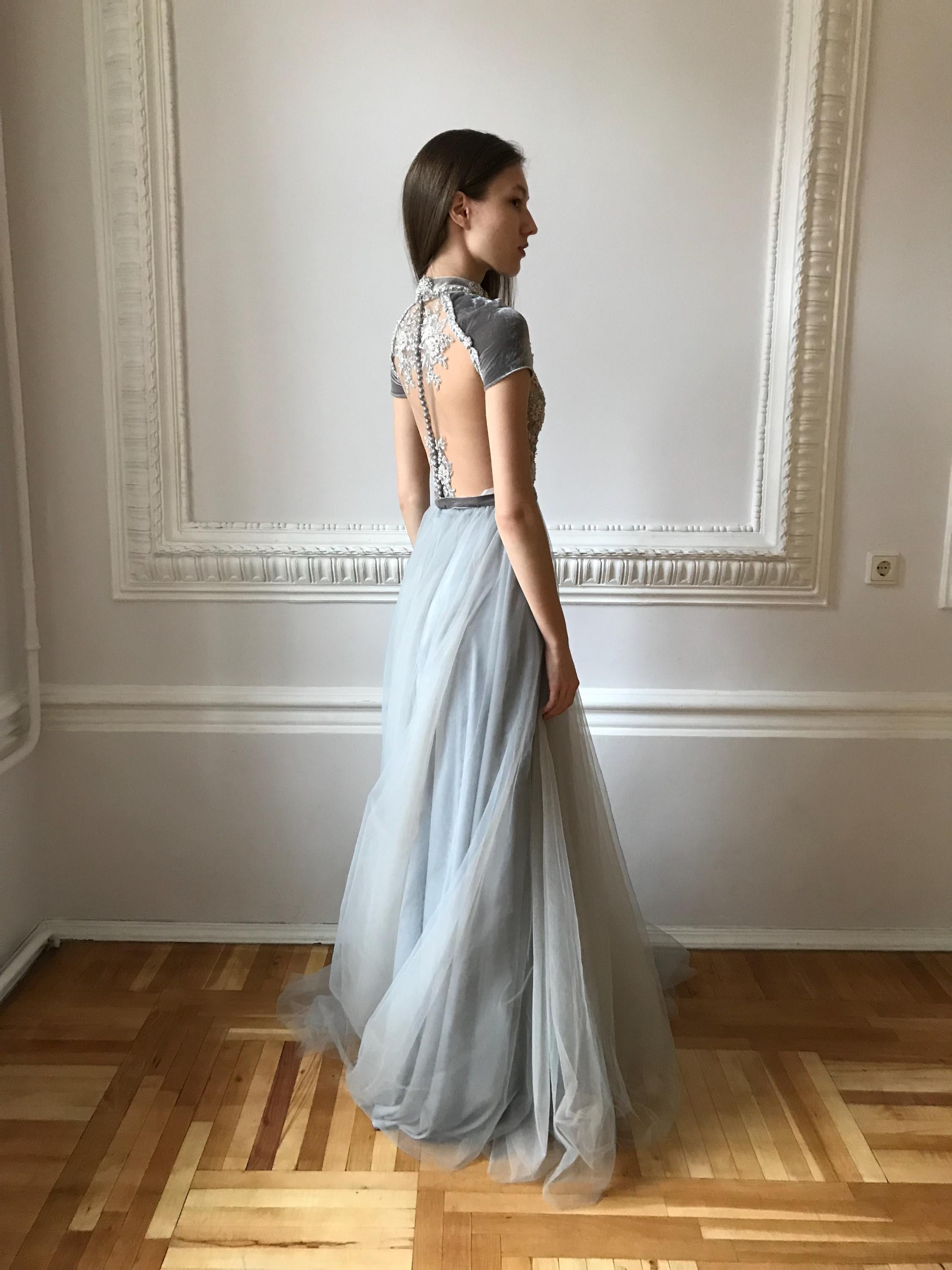 grey boho wedding dress Tulle Dress, Velvet Cap Sleeve, Beaded Illusion Bodice, High Neck Ethereal Bridal Gown — | LILU neckline with illusion mesh Silhouette_ Coffin Coven Dress - Size:8 E