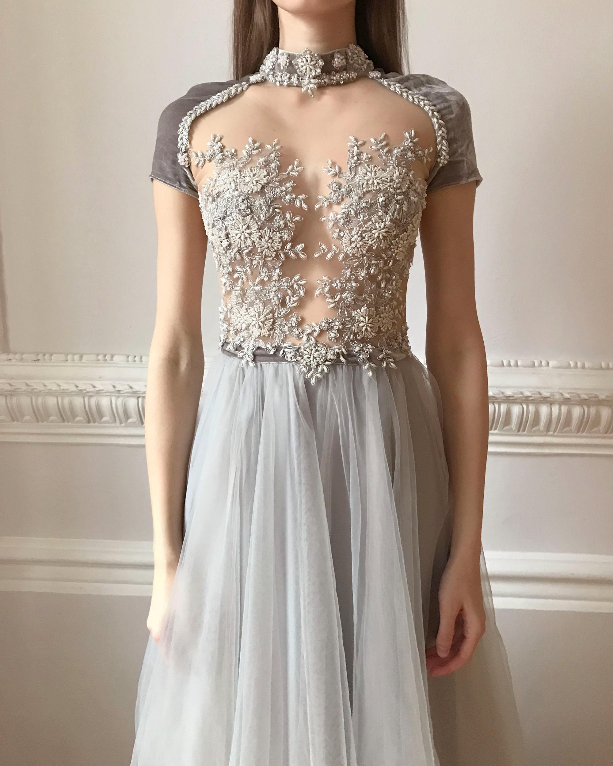grey long dress formal Gray Sweetheart A-Line Tulle Lace Long Prom Dress, Gray Evening Dress Custom Size / Gray