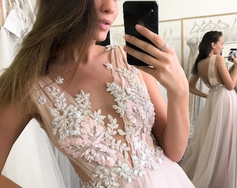 Pink tulle wedding dress floral bodice open back blush a line bridal gown