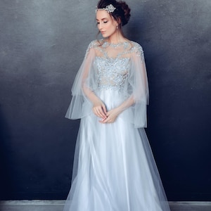 Elven wedding dress, Grey wedding dress, Embroidered wedding dress, Fantasy wedding dress, Floral wedding dress, Blue wedding dress