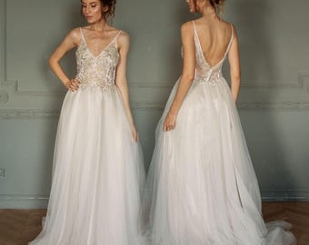 Green grey embroidered wedding dress v neck tulle skirt