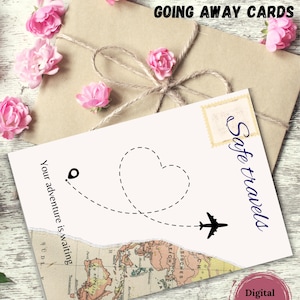 Kaarten om weg te gaan.  Kaart voor veilig reizen.Wenskaarten. Reiscadeaus. Cadeauset. De beste wensen. Avontuurlijke reiskaarten. Ik zal je missen kaarten.