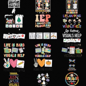 May include: A selection of graphic designs featuring text and illustrations focused on education and special needs. Designs include phrases such as "Life is Hard, Visuals Help" and "Special Education Aide." The designs use a vibrant colour palette of black, white, and other bright colours.