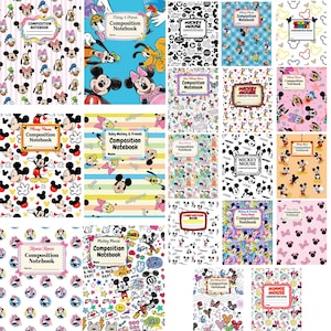 Puede incluir: Una colección de veintiún cuadernos de composición con temática de Disney que presentan varios patrones de Mickey Mouse, Minnie Mouse, Donald Duck, Daisy Duck y Pluto. Cada cuaderno incluye una etiqueta central con el texto Composition Notebook.