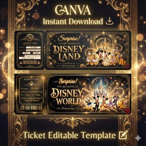 Puede incluir: Dos plantillas de boletos con temática de Disney en negro y dorado. Los boletos dicen "¡Sorpresa! Vas a Disneyland" y "¡Sorpresa! Vas a Disney World". Los boletos presentan a Mickey y Minnie Mouse, el Pato Donald y otros personajes de Disney.