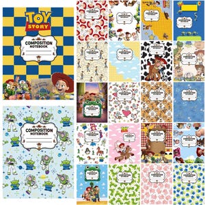 May include: A collection of Toy Story composition notebooks featuring various character designs including Woody, Buzz Lightyear, Jessie, and the Aliens. Each notebook has a central white label with the text Composition Notebook and lined spaces.