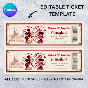 Puede incluir: Dos entradas para Disneyland Sweethearts Nite con Mickey y Minnie Mouse besándose. Las entradas son de color crema con detalles en rojo y dorado. El texto dice "James & Sophia Disneyland" y "All text is editable - easy to edit in Canva."