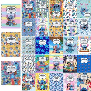 Puede incluir: Una colección de cuadernos de espiral con diversas ilustraciones coloridas del personaje alienígena azul Stitch. Cada portada muestra una etiqueta blanca central con el texto Composition Notebook y un pequeño icono de Stitch.